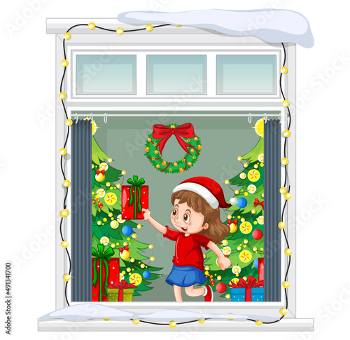 View through the window of a girl in Christmas theme