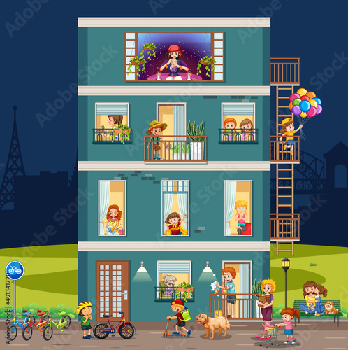 Apartment windows with neighbors cartoon character