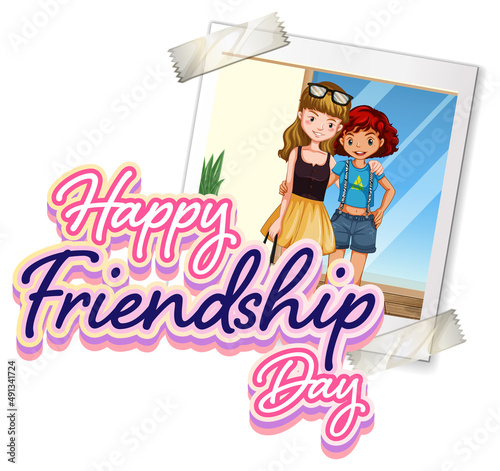 Happy Friendship Day logo banner with photo of two girls