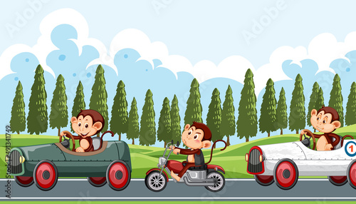 Race track scene with monkey racing drivers