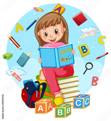 A girl reading books on white background