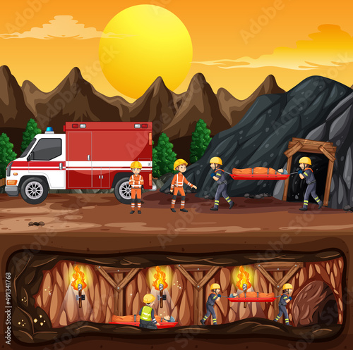 Underground scene with firerman rescue in cartoon style