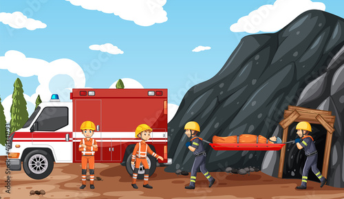 Cave scene with firerman rescue in cartoon style