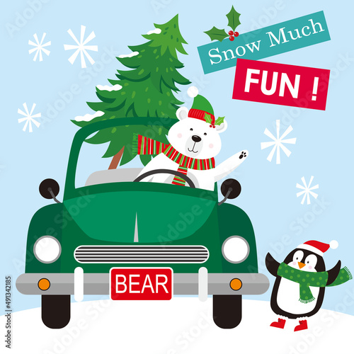 christmas card with penguin and polar bear on a car