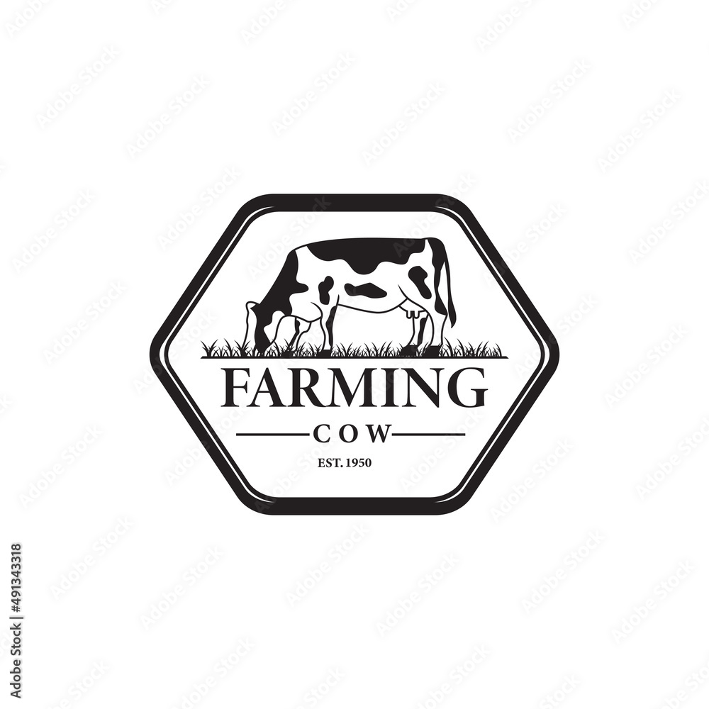 Cow family farm vintage hexagon logo