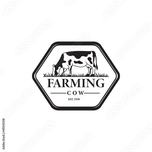 Cow family farm vintage hexagon logo