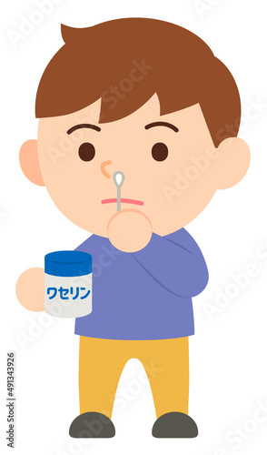 鼻にワセリンをぬる男性・主線なし