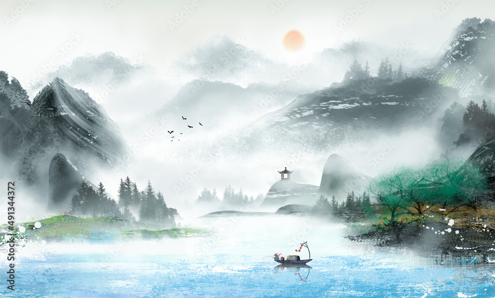 Spring artistic conception ink landscape painting Chinese style landscape illustration