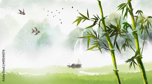Spring landscape painting Chinese style landscape background illustration © 心灵艺坊