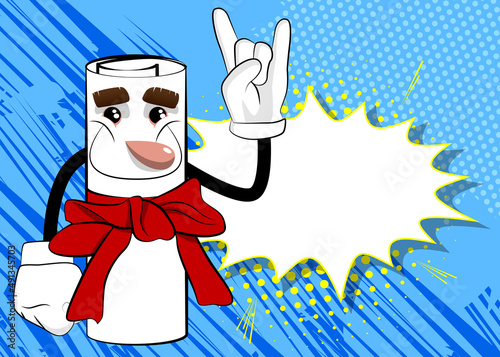 Rolled papper with red ribbon as a diploma with hands in rocker pose. Cartoon Character.