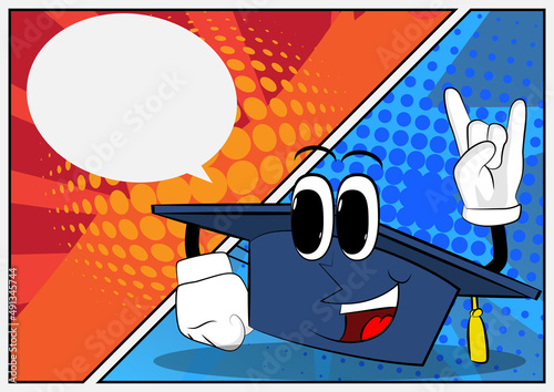 Graduation cap with hands in rocker pose. Education, learning concept with funny hat cartoon character.
