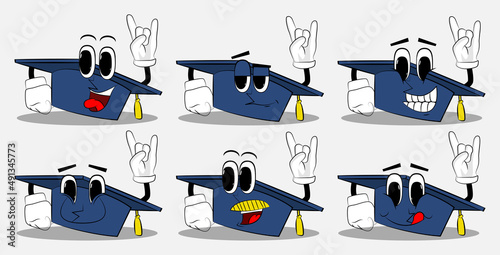 Graduation cap with hands in rocker pose. Education, learning concept with funny hat cartoon character.