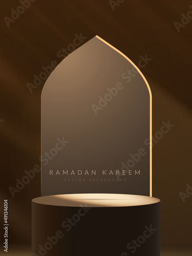 Ramadan Kareem podium with mosque door. Vector illustration