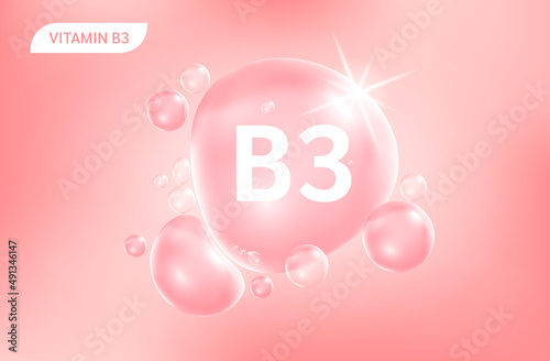 Serum collagen vitamin B3, Pink drop water. Vitamin complex with Chemical formula from nature. Beauty treatment nutrition skin care design. Medical and scientific concepts. 3D Realistic Vector EPS10.
