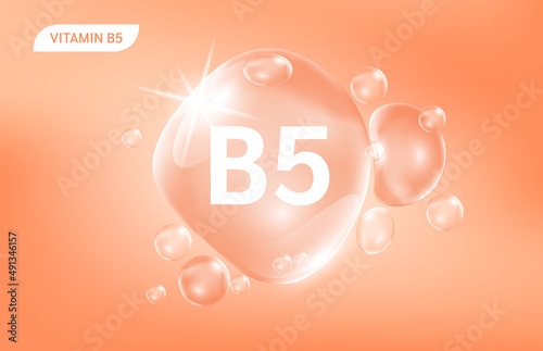 Serum collagen vitamin B5, Orange drop water. Vitamin complex with Chemical formula from nature. Beauty treatment nutrition skin care design. Medical and scientific concepts. 3D Realistic Vector.