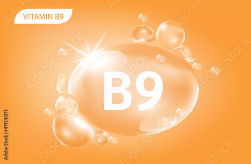 Serum collagen vitamin B9, Orange drop water. Vitamin complex with Chemical formula from nature. Beauty treatment nutrition skin care design. Medical and scientific concepts. 3D Realistic Vector.