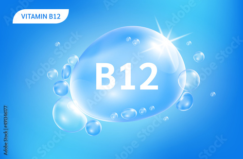 Serum collagen vitamin B12, Blue drop water. Vitamin complex with Chemical formula from nature. Beauty treatment nutrition skin care design. Medical and scientific concepts. 3D Realistic Vector.