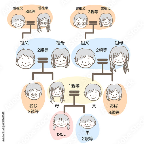 イラスト素材｜相続関係図 家系図の手描きイラスト パステルカラー テキストあり ３親等