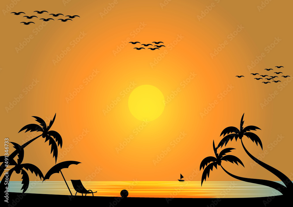 Atmospheric image of sandy beach, evening sea, coconut trees, birds, beach chairs sunset.