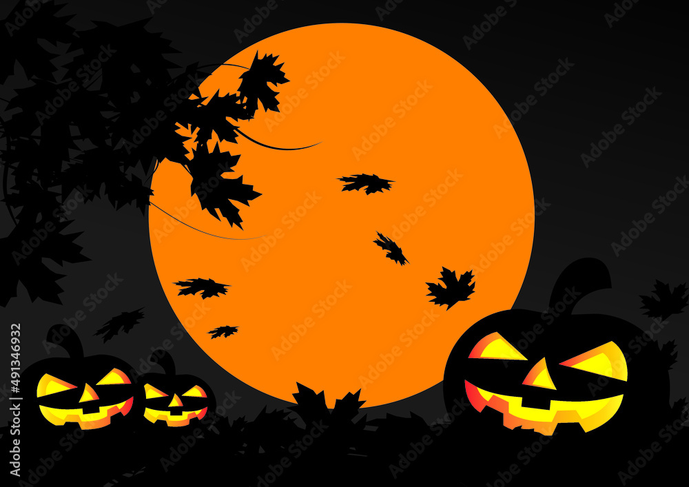Ghost pumpkin. Atmosphere on a full moon night. Halloween.