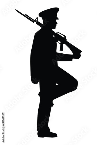 Soldier with rifle gun in parade silhouette vector isolated on white background, military man in parade.