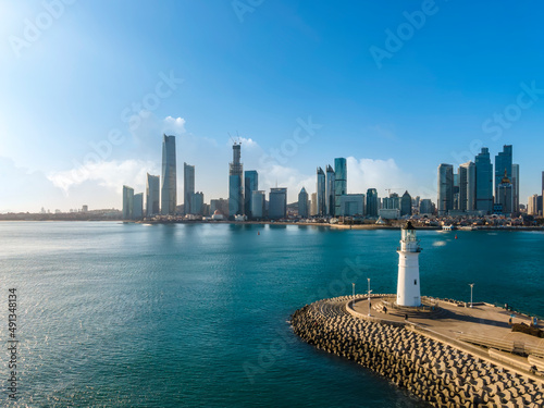 Aerial photography of Qingdao coastline Olympic Sailing Center panoramic large format