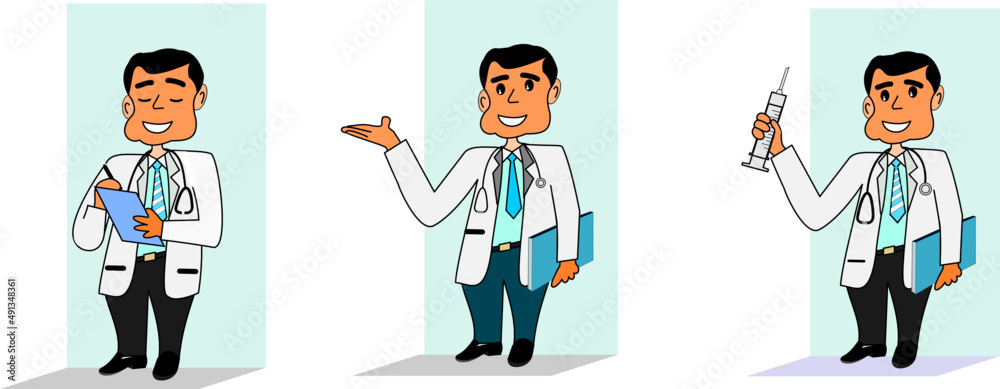 Doctor standing taking notes on auscultation and medical equipment Flat illustration Cartoon illustration vector concept web banner poster design isolated on white background