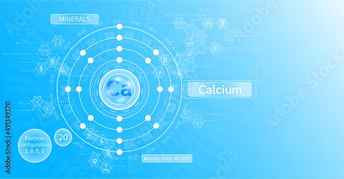 Minerals calcium and Vitamin supplements complex capsule. Calcium food sources and functions. Health care and science icon pattern medical innovation. Blue background vector.