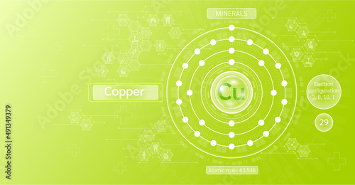 Minerals copper and Vitamin supplements complex capsule. Calcium food sources and functions. Health care and science icon pattern medical innovation. green background vector.