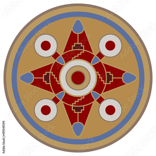 Geometrical round mandala with star shape. Medieval European Anglo-Saxon Cloisonné ornament. Isolated vector illustration.