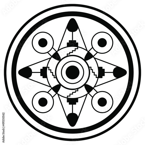 Geometrical round mandala with star shape. Medieval European Anglo-Saxon Cloisonné ornament. Black and white silhouette. Isolated vector illustration.