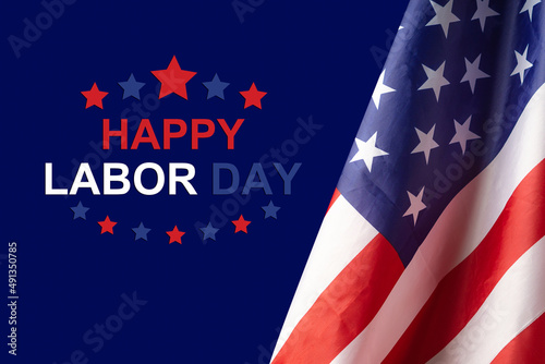 The American flag is on the right side on a blue background with happy labor day text