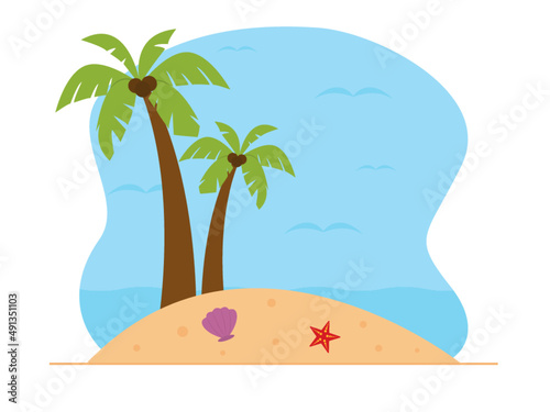 Coconut trees on the beach with seashells and starfish. Private island travel destinations. Beach vector illustration.