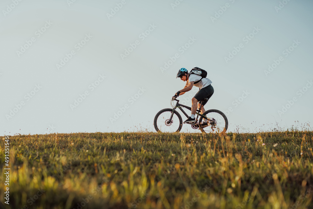 Naklejka premium Cyclist Riding the Bike on the Trail in the Forest. Man cycling on enduro trail track. Sport fitness motivation and inspiration. Extreme Sport Concept. Selective focus