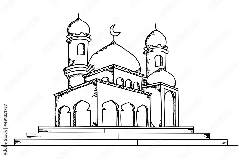 hand drawn perspective mosque building sketch