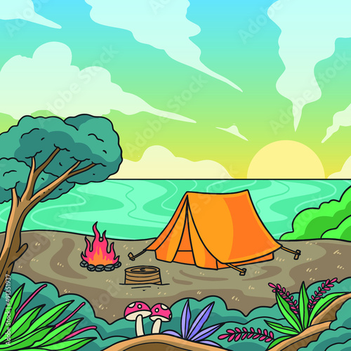 the view of the camping tent at sunrise