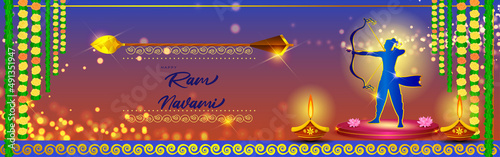 Vector illustration concept of Spring Hindu festival, Shree Ram Navami(Hindi text),written text means Shree Ram Navami, Lord Rama with bow and arrow greeting, poster, banner, flyer