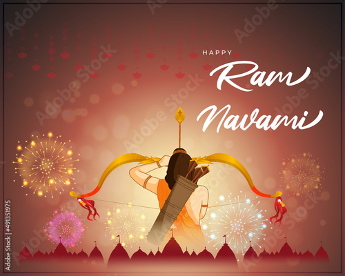 Vector illustration concept of Spring Hindu festival, Shree Ram Navami(Hindi text),written text means Shree Ram Navami, Lord Rama with bow and arrow greeting, poster, banner, flyer photo