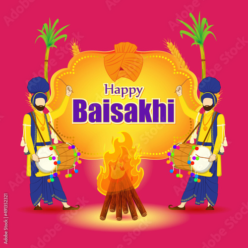 Vector illustration for happy Baisakhi, Indian punjabi festival with festival theme elements.int