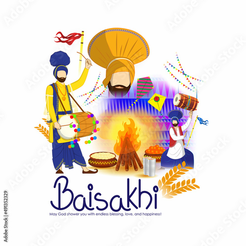Vector illustration for happy Baisakhi, Indian punjabi festival with festival theme elements.