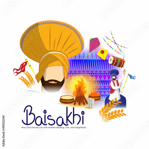 Vector illustration for happy Baisakhi, Indian punjabi festival with festival theme elements.