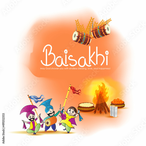 Vector illustration for happy Baisakhi, Indian punjabi festival with festival theme elements.