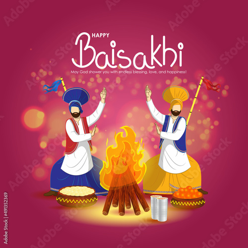 Vector illustration for happy Baisakhi, Indian punjabi festival with festival theme elements.