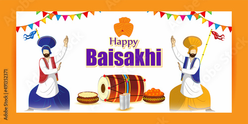 Vector illustration for happy Baisakhi, Indian punjabi festival with festival theme elements.