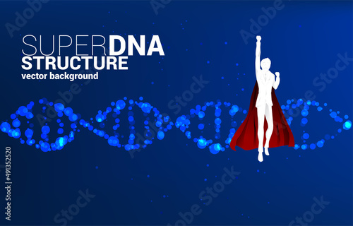 Silhouette of businessman in superhero flying with DNA genetic structure from dot random. background concept for biotechnology and biology of super businessman.