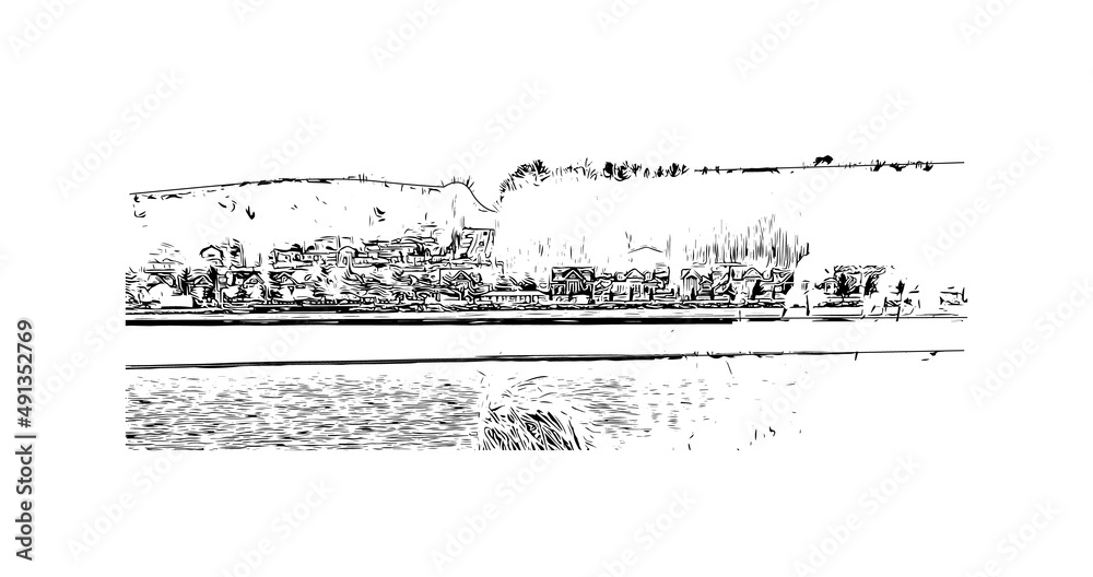 Building view with landmark of Midland is a city in western Texas. Hand drawn sketch illustration in vector.