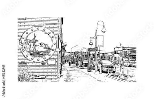 Building view with landmark of Midland is a city in western Texas. Hand drawn sketch illustration in vector.