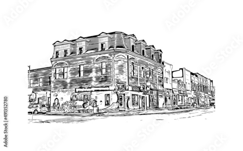 Building view with landmark of Midland is a city in western Texas. Hand drawn sketch illustration in vector.