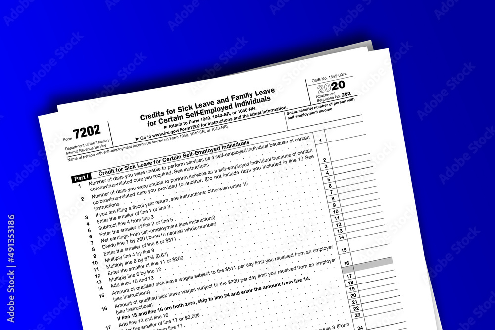Form 7202 documentation published IRS USA 01.15.2021. American tax document on colored Form 7202 documentation published IRS USA 01.15.2021. American tax document on colored