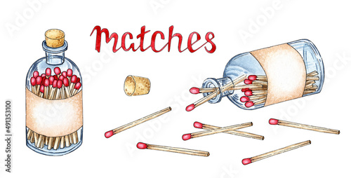 Watercolor illustration set of glass bottles with handmade matches. Get the flame. Light the fire. Burnt wooden stick. Hand drawn doodles. Isolated on white background. Drawn by hand.